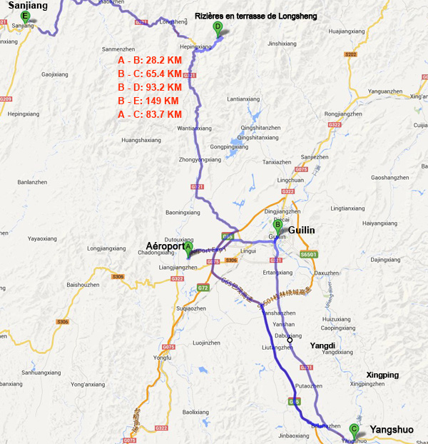 carte de Distances de Guilin, Yangshuo, Longsheng