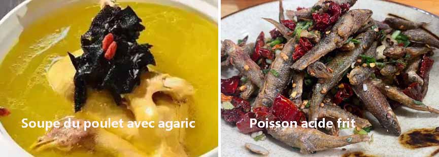 Poisson acide frit et Soupe du poulet avec agaric 