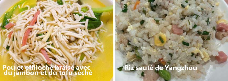 Poulet effiloché braisé avec du jambon et du tofu séché et Riz sauté de Yangzhou 