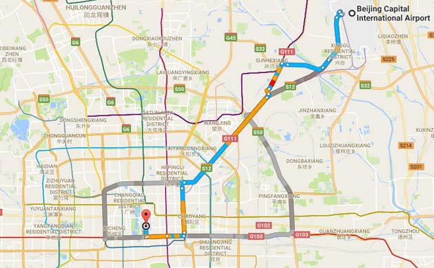 carte du  	Transfert de l'aéroport international de Pékin-Capitale au centre ville ou l'inverse