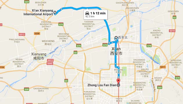 carte du transfert de l'aéroport de Xian au centre ville